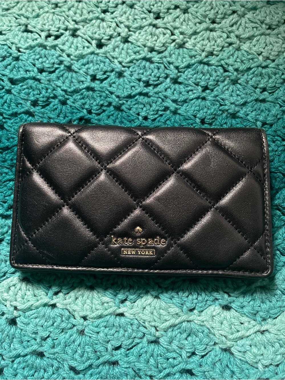 kate spade Black Quilted Leather Card Wallet with Gold Logo